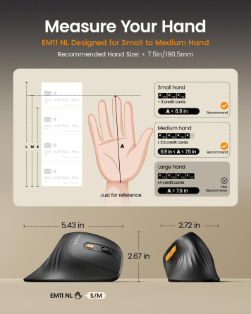 Мышь вертикальная ProtoArc EM11 NL Bluetooth / 2.4G, аккумулятор 500 мАч, 3 устройства, 2400 DPI, USB-C, черная Киев