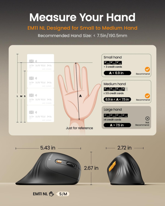 Мышь вертикальная ProtoArc EM11 NL Bluetooth / 2.4G, аккумулятор 500 мАч, 3 устройства, 2400 DPI, USB-C, черная Киев - изображение 3