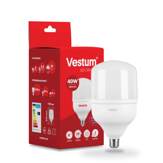 Светодиодная высокомощная лампа Vestum T125 40W 6500K 220V E27 1-VS-1603 Днепр