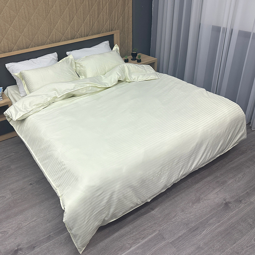 Комплект постільної білизни Страйп-сатин Двоспальний 180х220 з простирадлом на резинці Шампань (88-171) Київ - фото 2