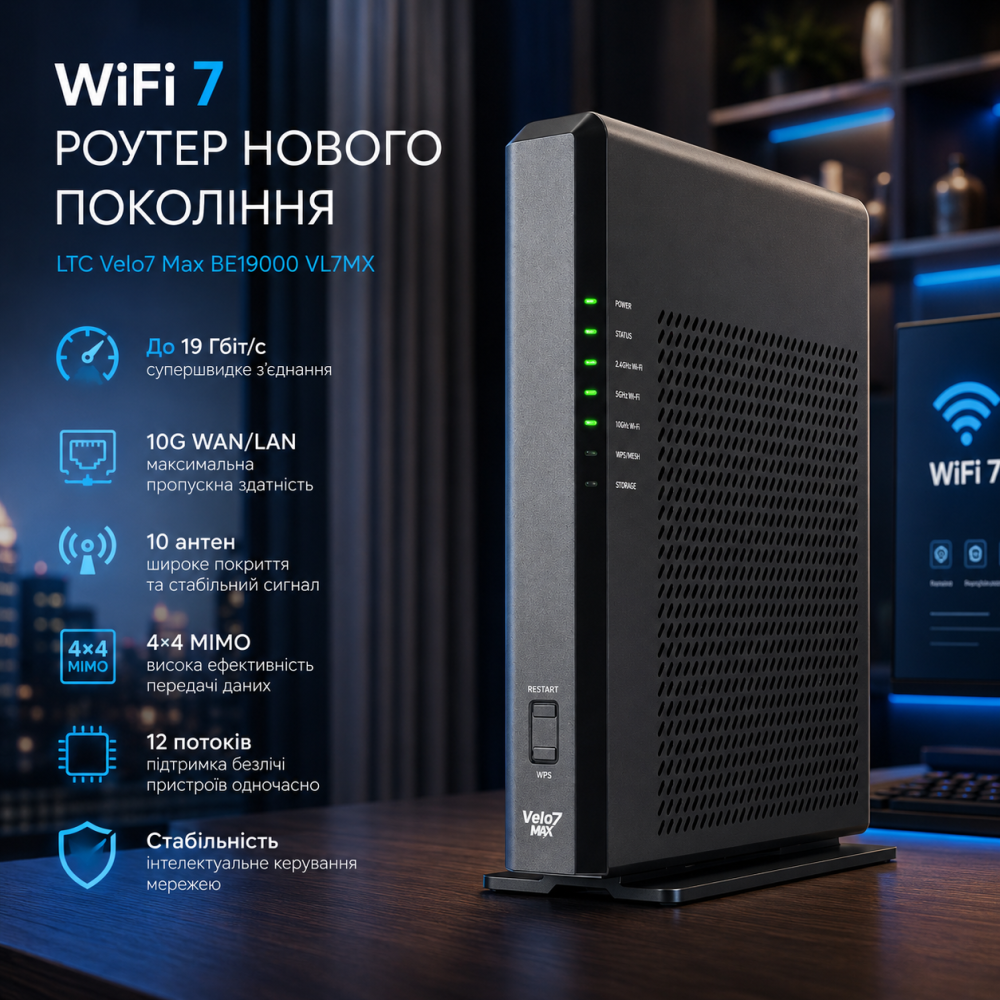 WiFi 7 маршрутизатор LTC Velo7 Max BE19000 VL7MX, до 19 Гбіт/с, 10G WAN/LAN, 12 потоків, 10 антен, 4×4 MIMO Київ - фото 10
