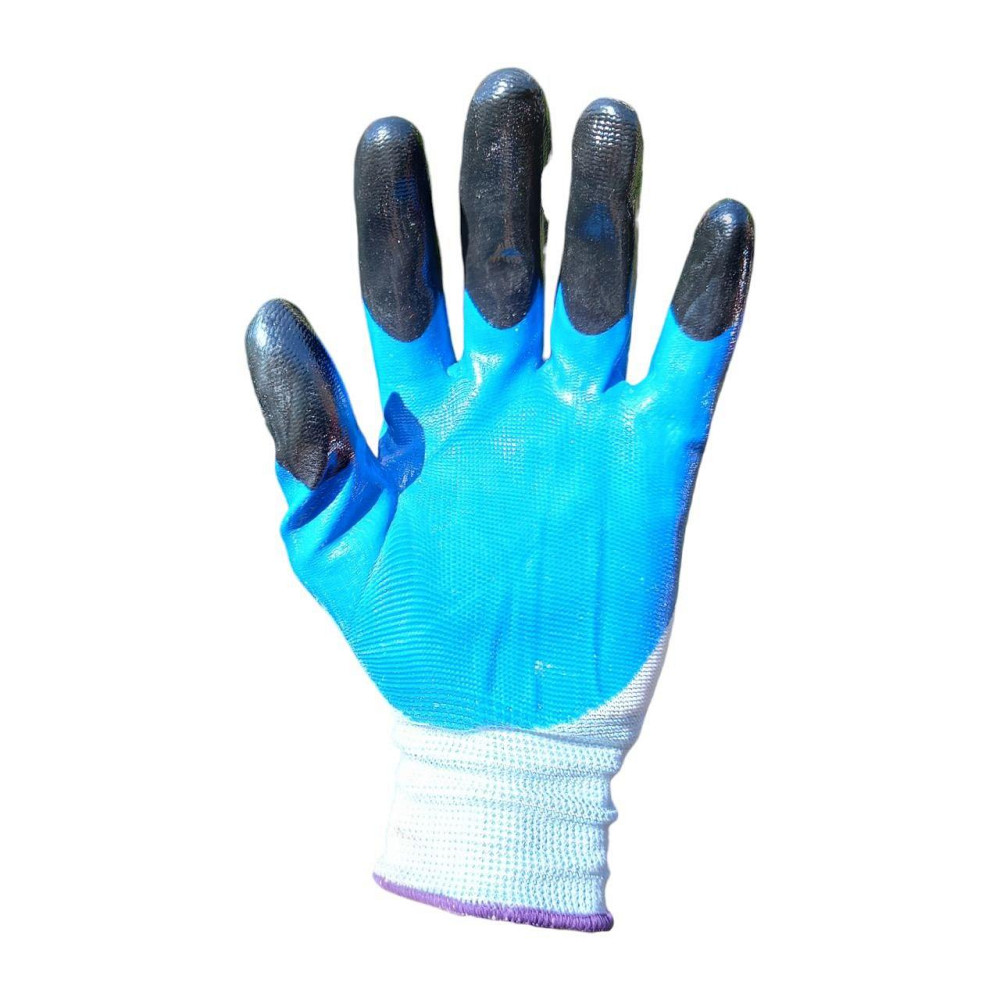 Робочі рукавички білі з синьо-чорним нітриловим покриттям для захисту рук під час будівельних і господарських робіт Харків - фото 4