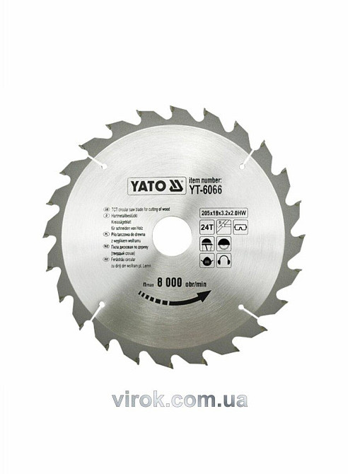 Диск пиляльний победітовий по дереву YATO: 205х18х3.2x2.0 мм, 24 зубці, R.P.M. до 6000 1/хв [10/20] Одесса - изображение 1