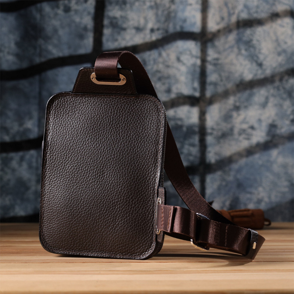 Прямокутна сумка бананка із зернистої натуральної шкіри GRANDE PELLE 22878 Коричнева Київ - фото 10