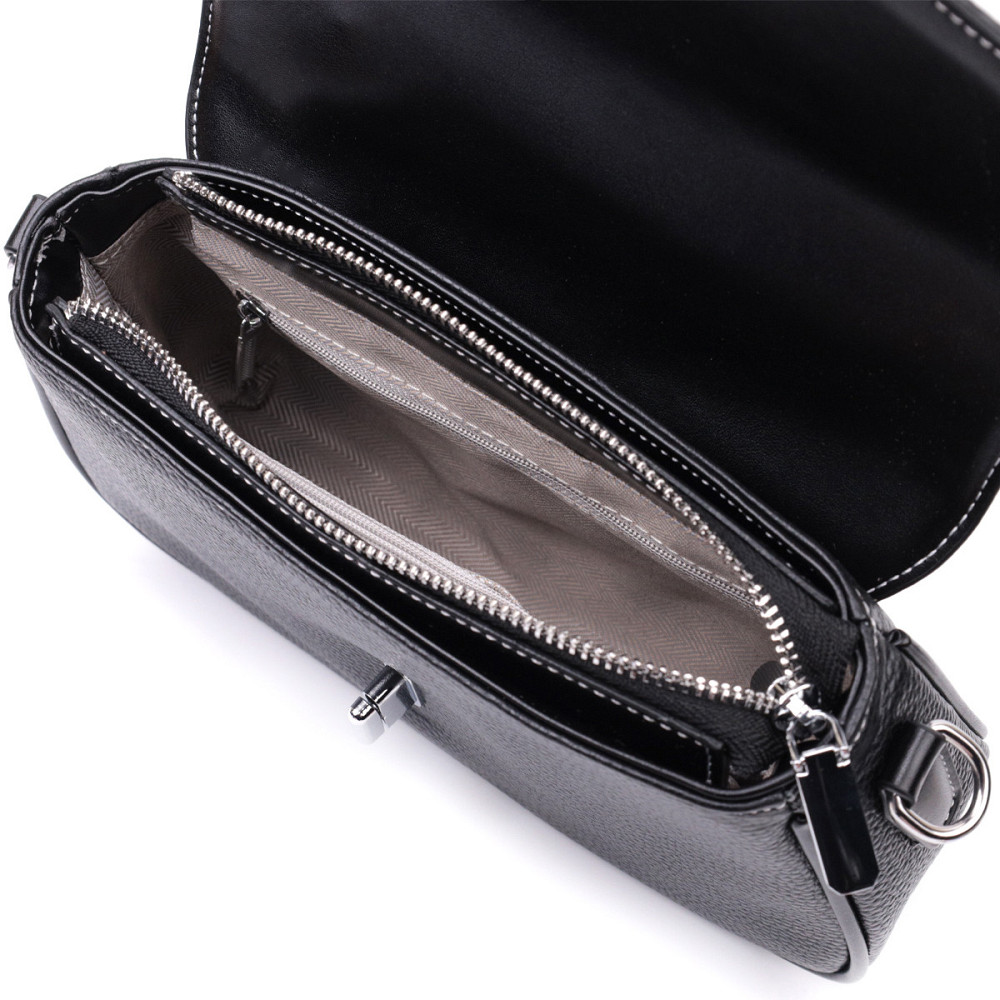 Элегантная женская сумка с фактурным клапаном из натуральной кожи Vintage 22624 Черная Киев - изображение 9