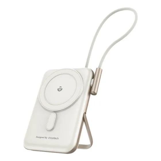 Повербанк 10000mAh Choetech B735 White QC3.0 PD3.0 бездротова магнітна зарядка, вбудований кабель, підставка (43-00150) Київ