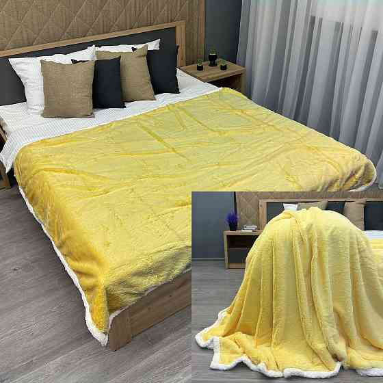 Плед двосторонній 155х200 см (+-5см) із штучною овчиною та хутром Жовтий з білим (87-081) Київ