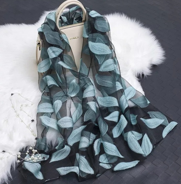 Женский шарф с голубыми листьями - размер 180*68см, полиэстер Киев - изображение 1