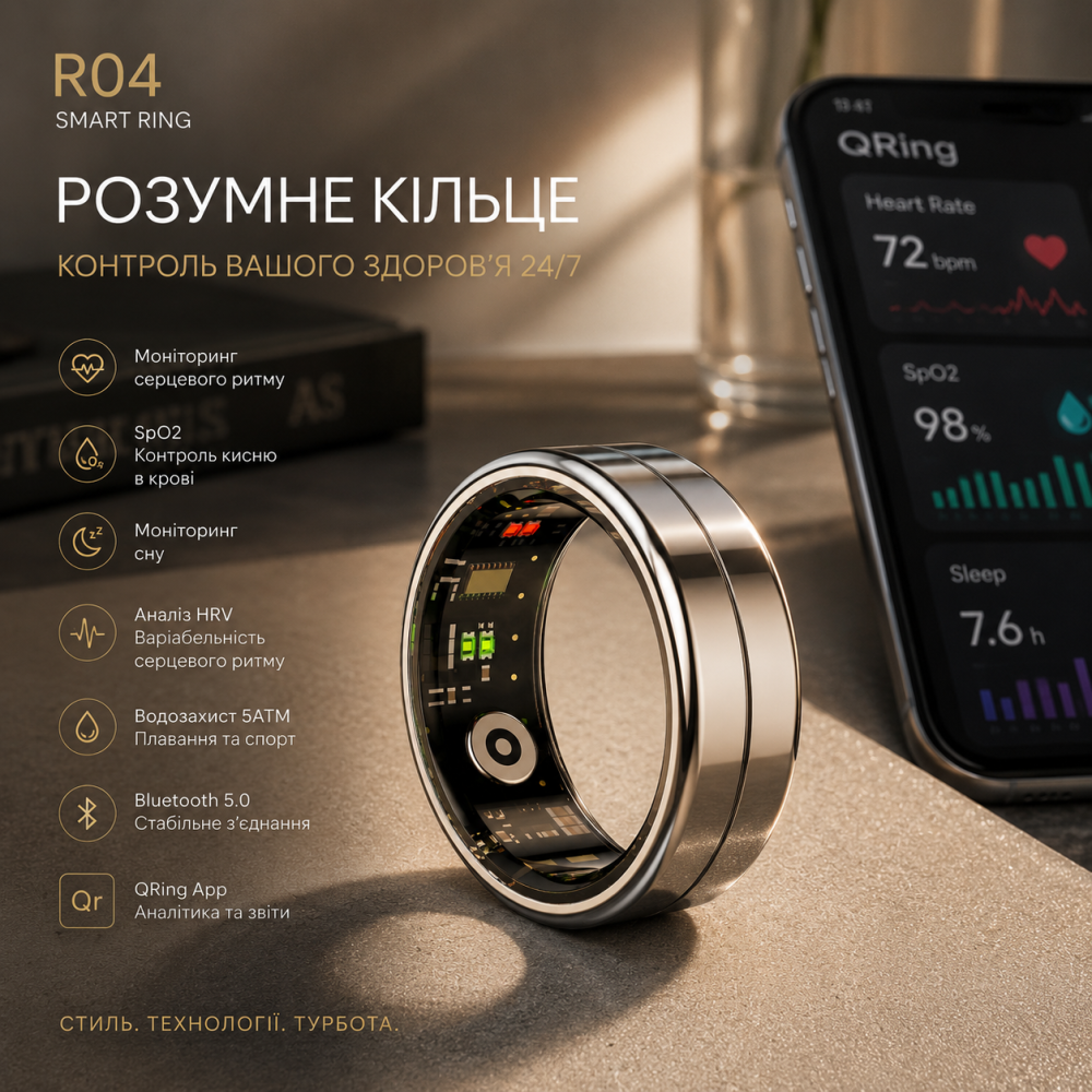 Розумне кільце R04 Smart Ring, моніторинг серцевого ритму, SpO2, сон, HRV, 5ATM, Bluetooth, QRing App Київ - фото 7