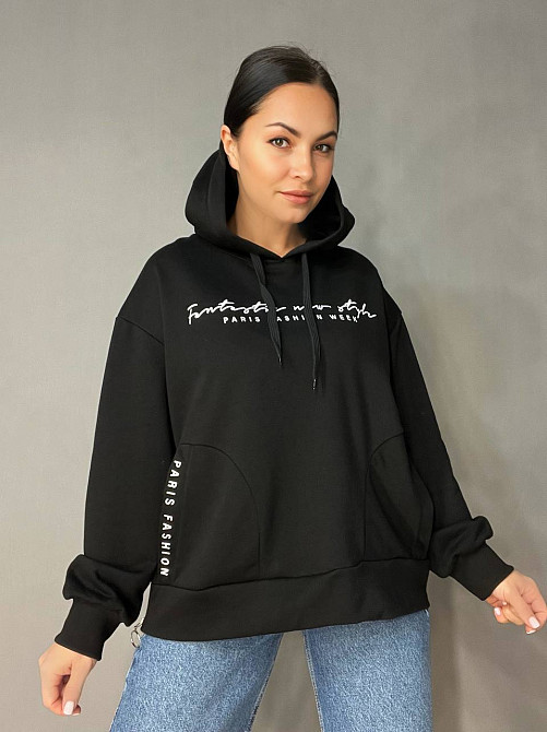 Худи женское Joggy 8072 оверсайз с капюшоном удлиненное с карманами и молнией черное, черный, L Одесса - изображение 5