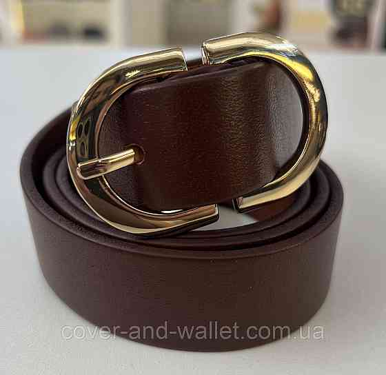 Коричневый кожаный женский ремень с золотистой пряжкой 30 мм PS Leather Киев