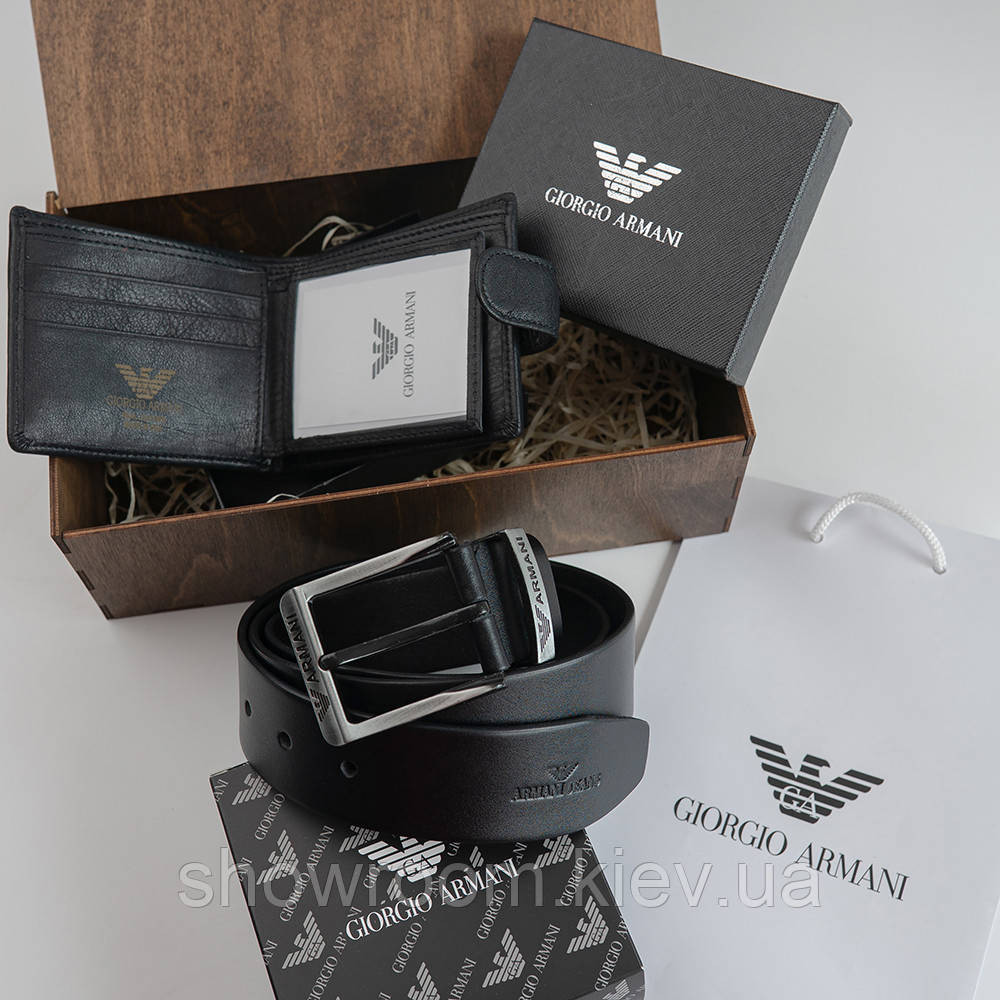 Чоловічий подарунковий набір ремінь та гаманець у дерев'яній коробці Armani (303) Київ - фото 4