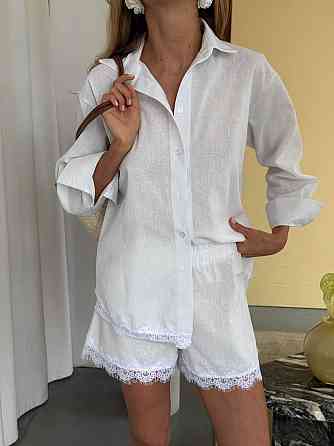 Женский стильный летний льняной костюм с кружевом Молочный, 48/50 Одесса