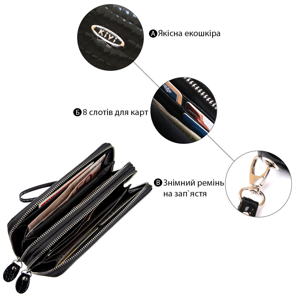 Кошелек женский из экокожи на две молнии лаковый KIVI Хамелеон 19026 Черный Киев - изображение 5