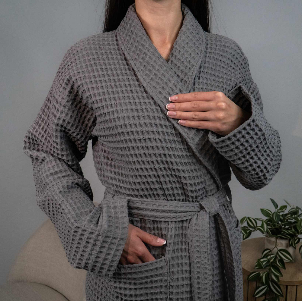 Вафельний халат жіночий з коміром, довгим рукавом YouStar 100% бавовна 380 г/м2 (Сірий) M Суми - фото 2