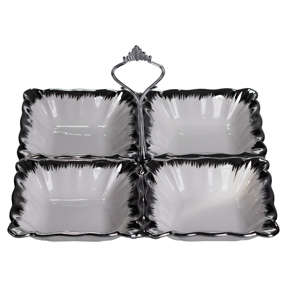 Менажниця фарфоровая на 4 секції з ручкою, біла з сріблом Київ - фото 1