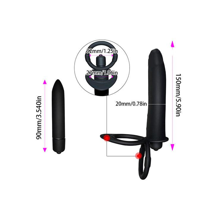 Ерекційне кільце з вібрацією і фалоімітатором для подвійного проникнення - Чорний - Анальні іграшки Вінниця - фото 8