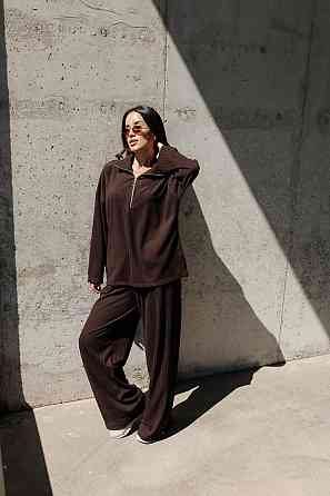 Женский повседневный оверсайз костюм двойка: кофта и штаны трикотаж пума рубчик Шоколад Одесса