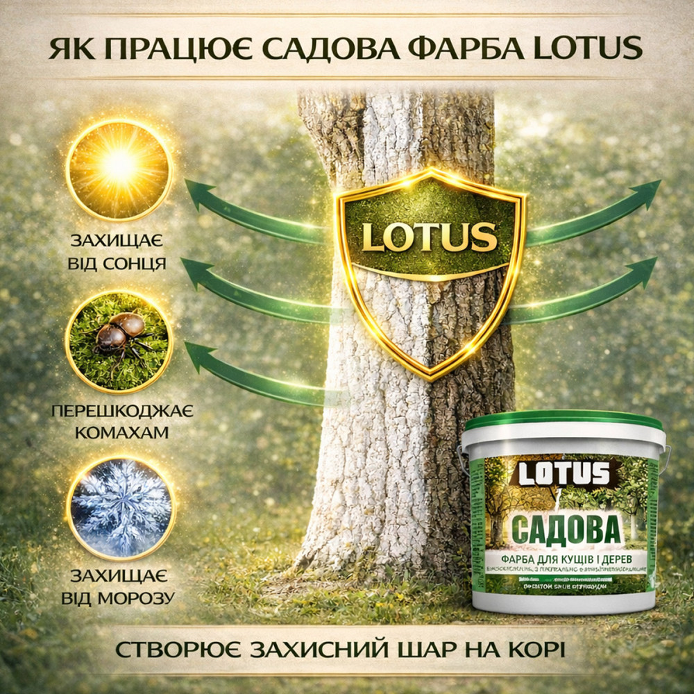Фарба садова для дерев LOTUS 5 л білосніжна бактерицидна для побілки саду та кущів, захист кори від сонця та шкідників Харків - фото 5