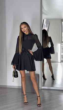 Женское нежное платье с шифоновыми рукавами и воланами костюмка + шифон Черный, 46/48 Одесса