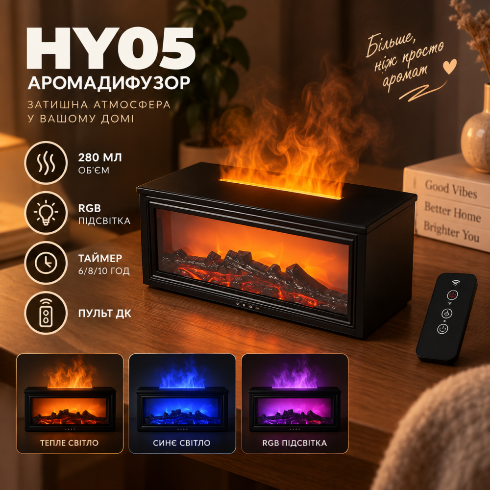 Аромадиффузор HY05 280 мл с эффектом камина и пламени, RGB-подсветка, таймер 6/8/10 ч, пульт ДУ Киев - изображение 1