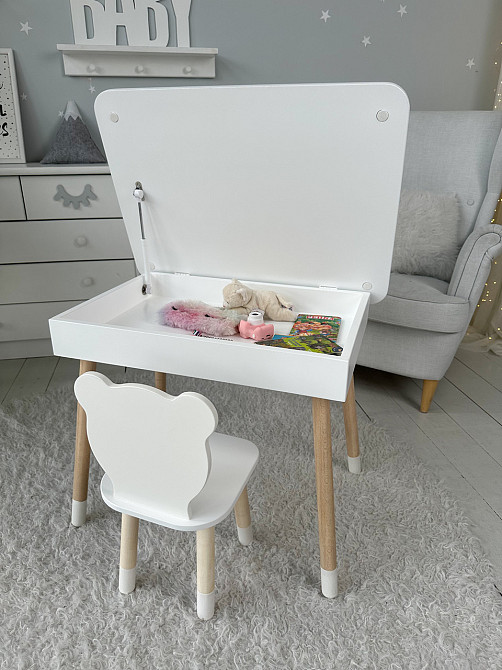 Дитячий столик і стільчик ведмедик білий. Столик із нішею для олівців і розмальовок Київ - фото 2