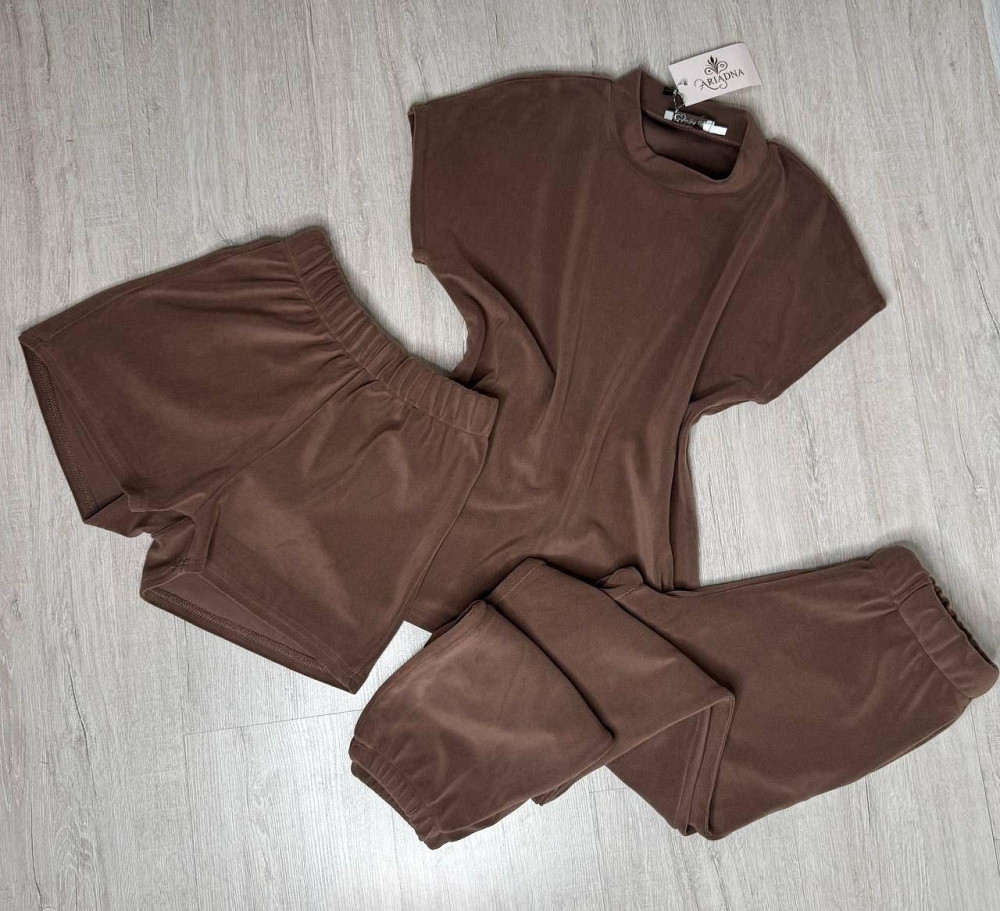 Жіночий домашній костюм-трійка: футболка штани + шорти плюш-велюр Шоколад, 54/56 Одеса - фото 1