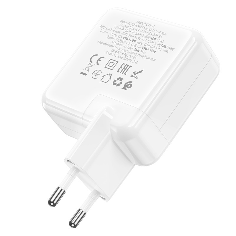 Мережевий зарядний пристрій HOCO C115A Header PD65W GaN three-port(2C1A) charger White Одеса - фото 6