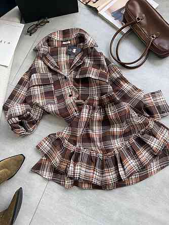 Женский костюм двойка: рубашка и юбка в клетку фланель Коричневый Одесса