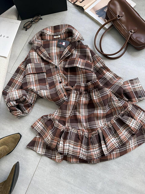 Женский костюм двойка: рубашка и юбка в клетку фланель Коричневый Одесса - изображение 5