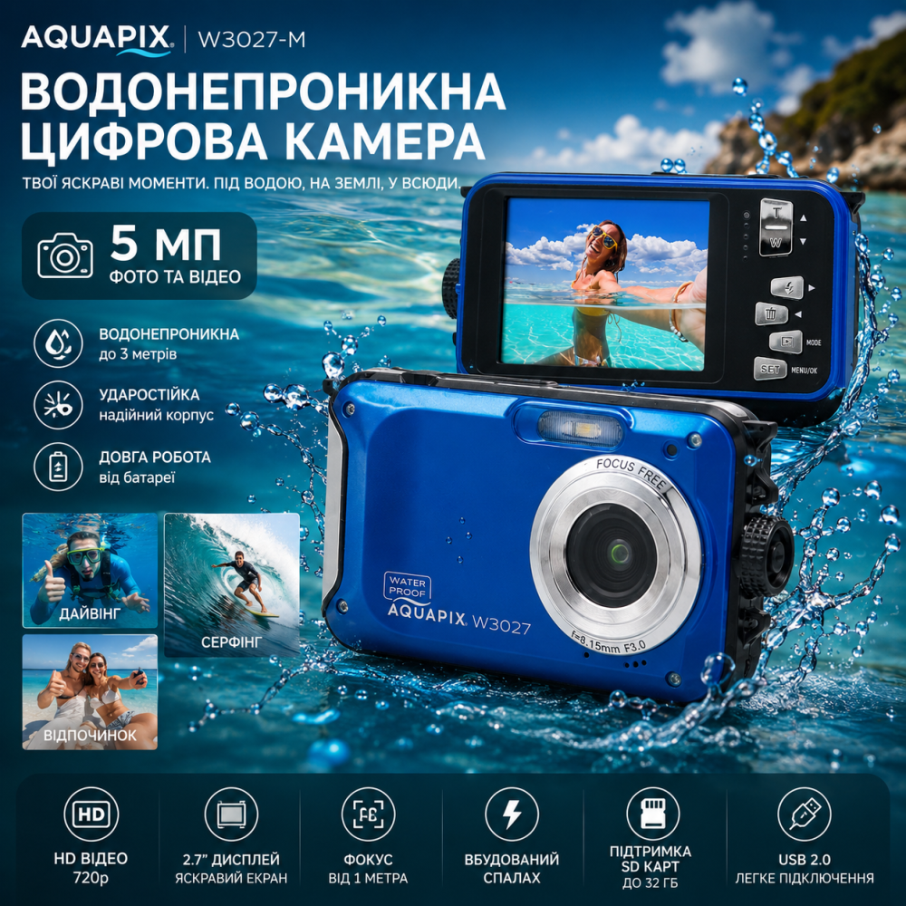Цифрова підводна камера Easypix Aquapix W3027-M Wave Marine Blue водонепроникний компактний фотоапарат (синій) Київ - фото 1