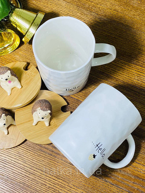 Кухоль чашка кераміка з кришкою і ложкою Olens "Їжачок" 400 мл білий з їжачком Київ - фото 4