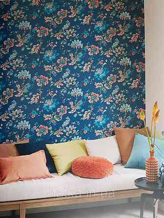Шпалери флізелінові еко Rasch Sophia 0.53х10 рослинний принт квіти листя бірюзові коричневі на темно-синьому Київ
