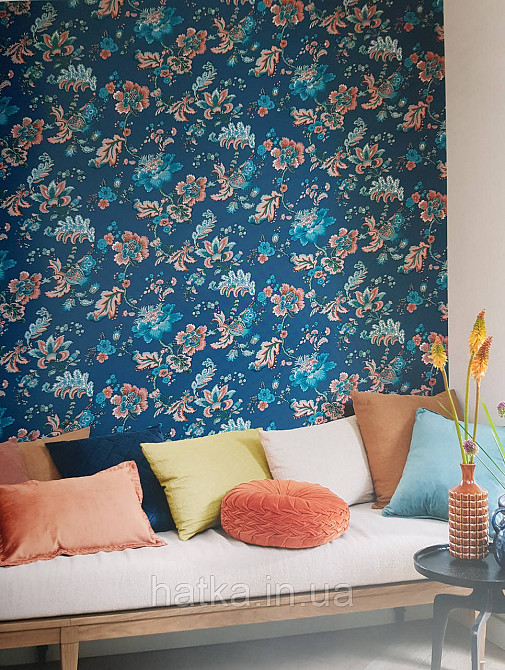 Шпалери флізелінові еко Rasch Sophia 0.53х10 рослинний принт квіти листя бірюзові коричневі на темно-синьому Київ - фото 1