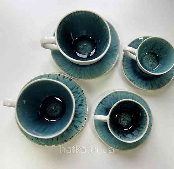 Набір чайний 4 чашки + 4 блюдця Olens "Скандія" 250 мл кераміка біло-синя для дому та ресторану Київ