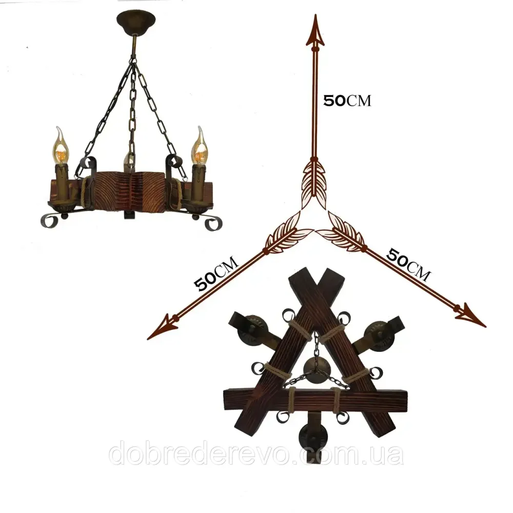 Люстра деревянна трикутна свічка ковка Вижниця - фото 4