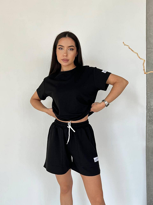 Женский летний прогулочный костюм двойка: футболка и шорты двунитка Черный, 42/46 Одесса - изображение 1