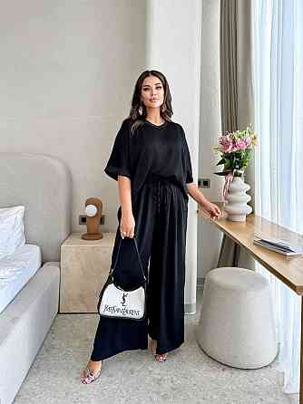 Жіночий легкий костюм оверсайз: футболка та штани жатий шовк Чорний, 3XL/7XL Одеса