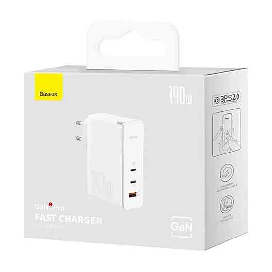 Мережевий зарядний пристрій з кабелем Baseus GaN5 Pro Fast Charger 2C+U 140W EU White (Superior Series Charging Data Cable Type-C Київ