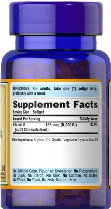 Витамин Д3 5000 Puritan's Pride Vitamin D-3 5000 IU 100 tabs Киев - изображение 2