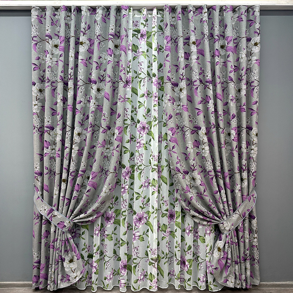 Комплект штор VR-Textil Льон Прованс 100х265 2шт і Тюль 300х265 1820ш-1802т Сірий з фіолетовим і білим 71-109/1 Київ - фото 1