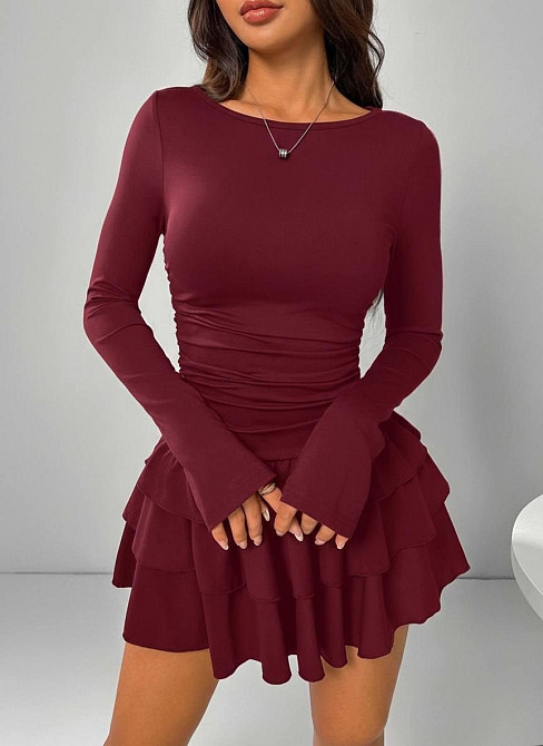 Женское базовое мини платье с пышной юбочкой вискоза. Бордо Одесса - изображение 1