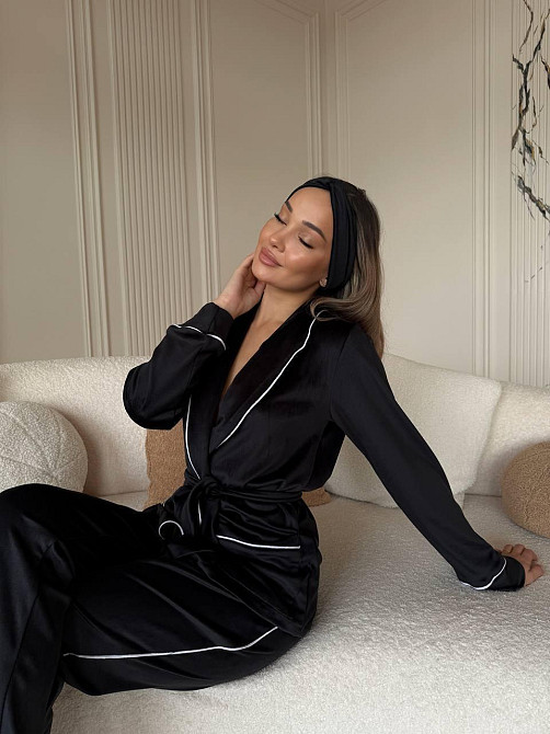 Жіноча затишна піжама: халат-кімоно, штани + пов'язка на голову велюр Чорний, 46/48 Одеса - фото 3