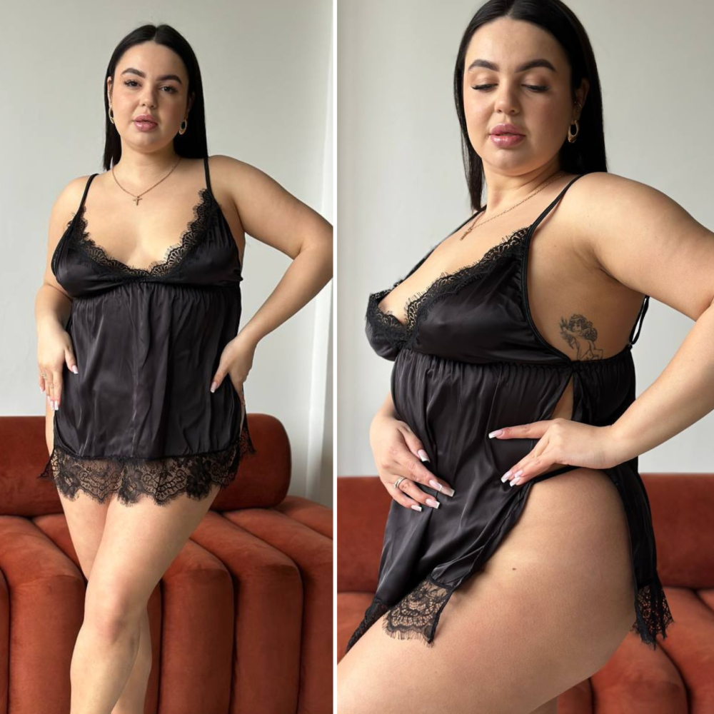 Сексуальний пеньюар великих розмірів PLUS SIZE короткий з мереживом на бретелях з трусиками ажурний з розрізами чорний 2XL Одеса - фото 1