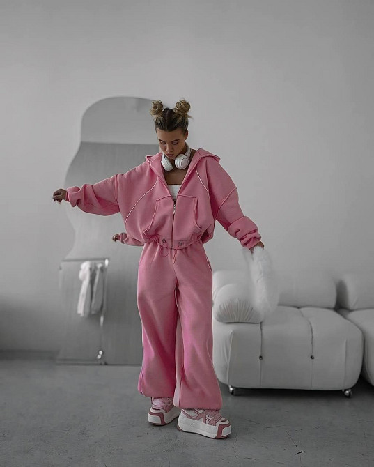 Женский теплый костюм двойка свободного кроя турецкая трехнить пенье с начесом Розовый, 44 Одесса - изображение 1