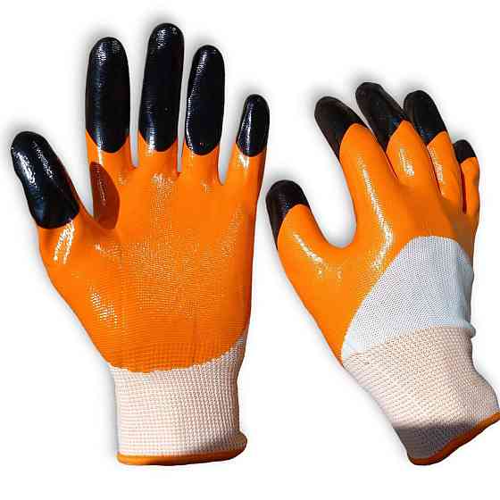 Робочі рукавички з жовтогарячо-чорним нітриловим покриттям для захисту рук у будівництві та господарстві Харків