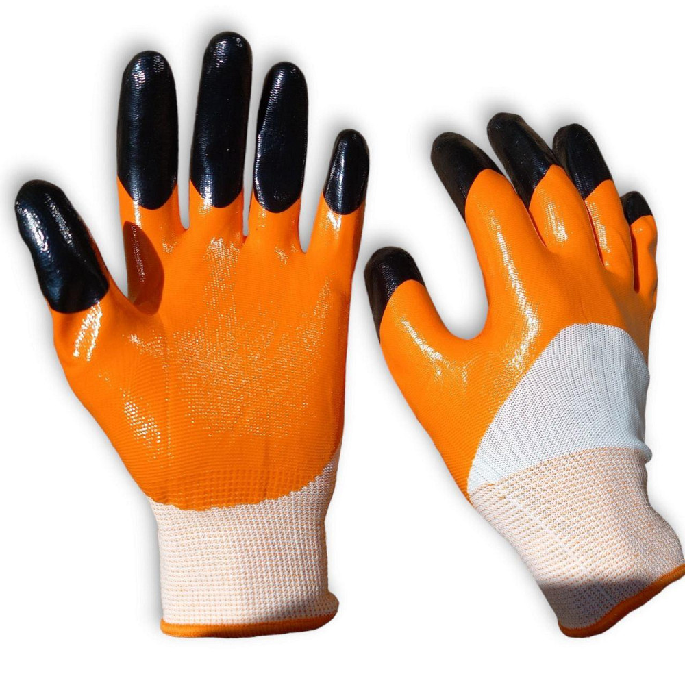 Робочі рукавички з жовтогарячо-чорним нітриловим покриттям для захисту рук у будівництві та господарстві Харків - фото 1