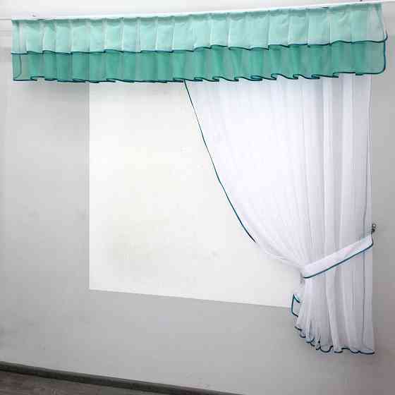 Кухонный комплект VR-Textil № 00к шторка с ламбрекеном белый с бирюзовым 200х170 см (59-759) Киев