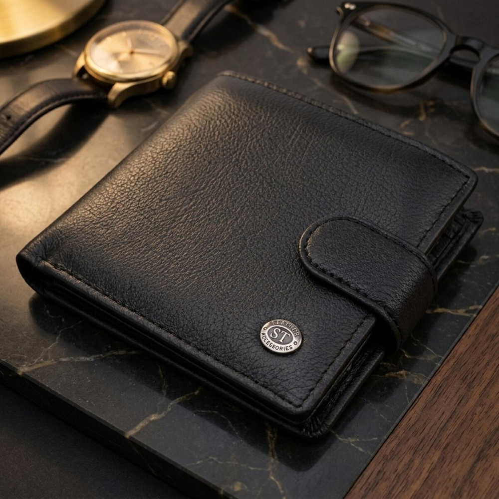 Классический мужской бумажник горизонтального формата из натуральной кожи ST Leather 23094 Черный Киев - изображение 11