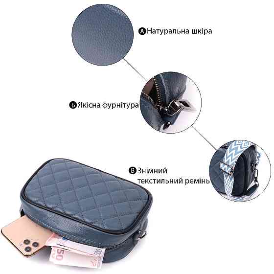 Шкіряна сумка через плече на одне відділення для жінок Vintage 22385 Синя Київ